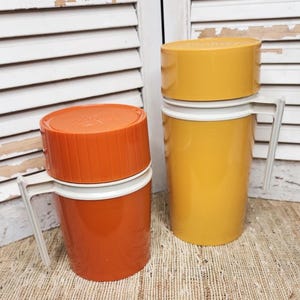 2 Vintage Thermos - Travel Thermos - Orange Thermos - Yellow Thermos - King-Seeley Thermos - Wide Mouth Thermos