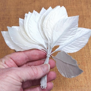 Vintage White Satin Leaf Bunches: Millinery Floral Craft Lot (60 Leaves, 5&quot; Long)