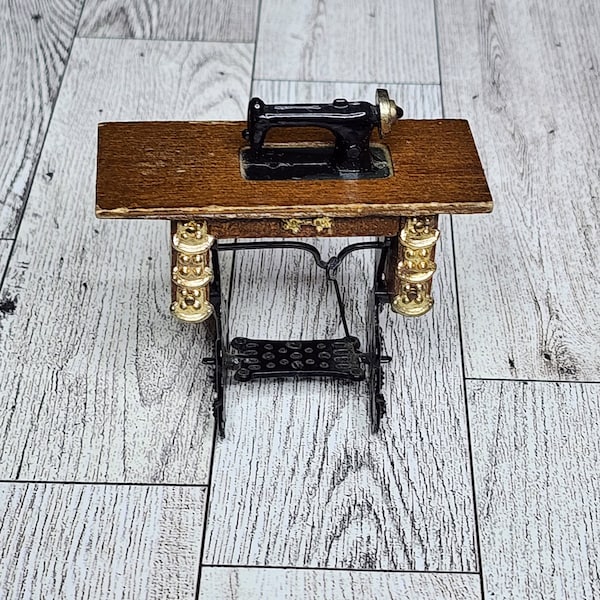 Vintage Miniature Sewing Machine - Dollhouse Sewing Machine - Miniature Singer Sewing Machine and Stand w/Pedal Base Figure - 3"