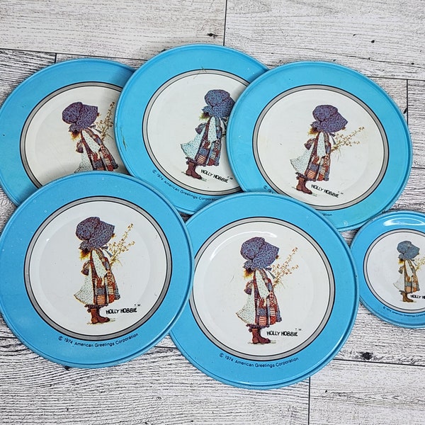 Vintage Holly Hobbie Toy Plates - 1974 American Greetings Metal Dishes - Vintage Holly Hobbie Tin Plates -  1974 Holly Hobbie Pretend Play