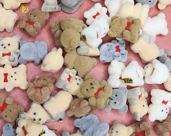 5 Vintage Miniature Flocked Teddy Bears, 1990s Craft Supplies