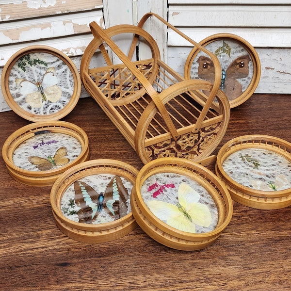 Vintage Butterfly Coasters - 1970's Bamboo Coasters and Caddy - Retro Butterfly Decor - Retro Butterfly Specimen Coasters