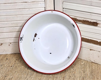 Vintage White & Red Enamel Basin, Farmhouse Kitchen Home Decor, Enamelware Display Bowl