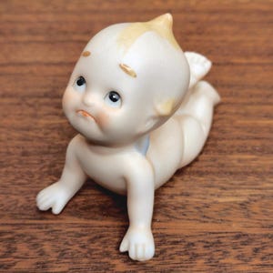 Vintage QT Pie Baby Figurine - QT Pie Angel - Baby With Blue Angel Wings - Bisque Kewpie Figurine - Laying Kewpie - Crawling Angel