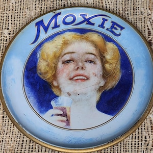 Antique Moxie Soda Tip Tray: 1910s Tin Litho Advertising Plate