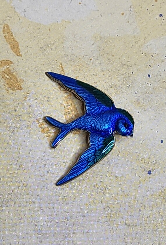 Vintage Enamel Blue Bird Pin - Guilloche Enamel Bl