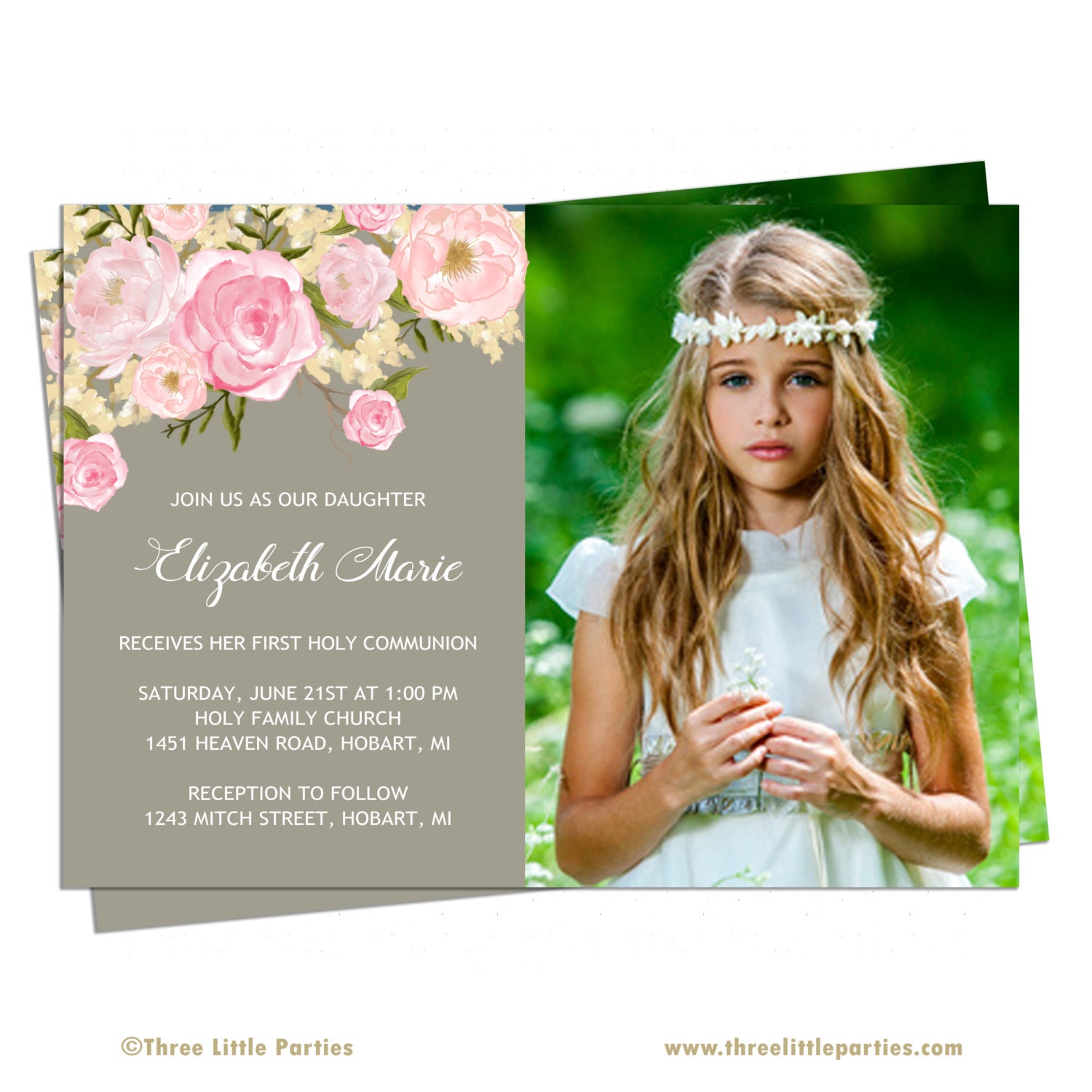 Floral First Communion Invitation Girl Baptism Invitation Etsy