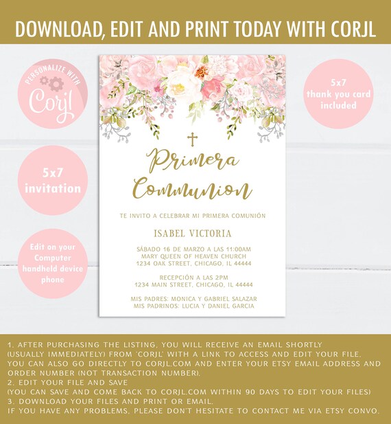 Editable SPANISH Initially Communion Invitation, Floral, Red image regarding Free Printable First Communion Invitations named Editable SPANISH Very first Communion Invitation, Floral, Crimson