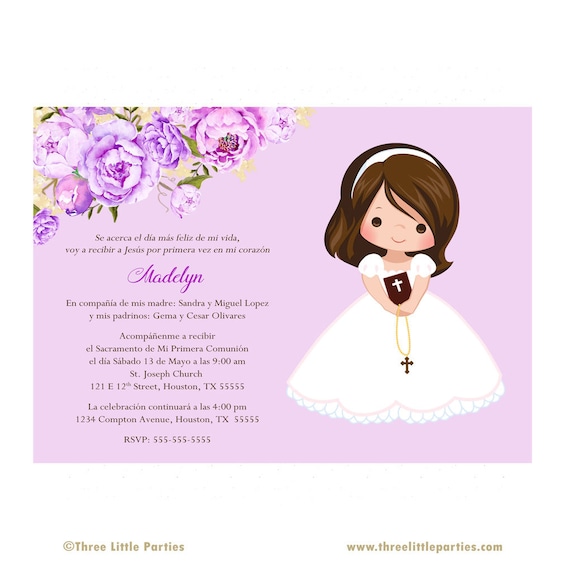 Invitacion de comunion niña imprimible primera comunion invitacion rosa  first communion girl in spanish comunion en español digital file 179 by  Rebecca Designs Co.