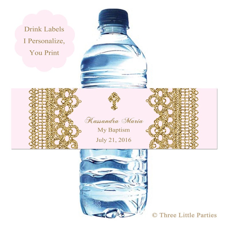 pink gold baptism printable water bottle label faux glitter etsy