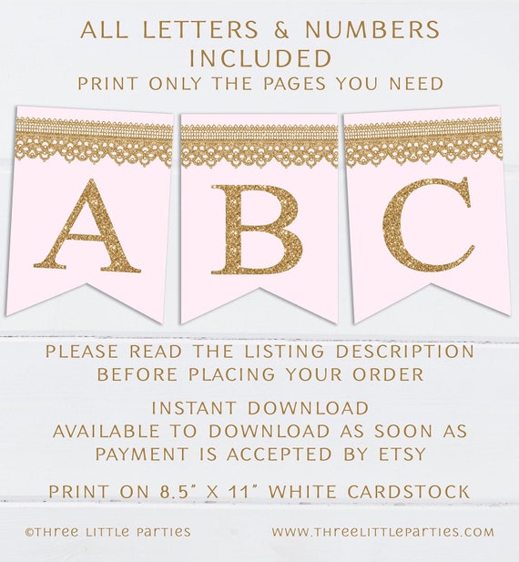printable pink gold lace banner instant download letters a z