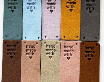 5 x "Hand made with Heart" fold over labels * faux suede tags *  For handmade crafts, sewing, knitting, clothes, bags