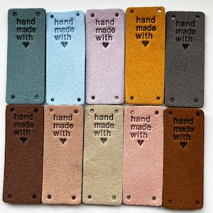 5 x "Hand made with Heart" fold over labels * faux suede tags *  For handmade crafts, sewing, knitting, clothes, bags