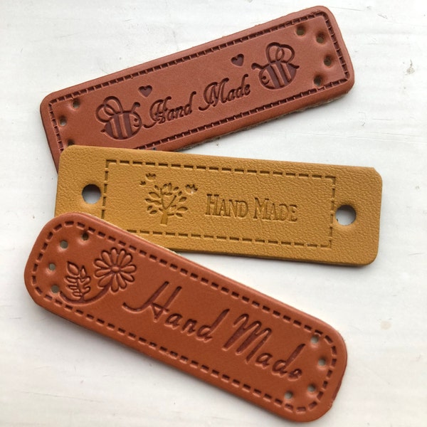 6 x Tree/Bee/Flower labels for handmade items * PU leather tags * Tan coloured  * For handmade crafts, sewing, knitting, clothes, bags