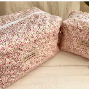 Floral Quilted Toiletry Bag | Beige Rose Makeup Bag | Cosmetic Pouch | Medium with Handle or Large | Handmade Gift for Her