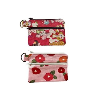 2-Zip Coin Purse with Keyring | Japanese Fabric | Card Holder & Small Pouch | Tsubaki or Retro Animal Print | Gift for Her