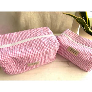 Pink Quilted Gingham Toiletry Bag | Makeup Bag | Cosmetic Pouch | Medium with Handle or Large | Gift for Her