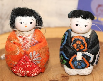 Beautiful Vintage Kimekomi Doll Ornaments, Boy and Girl, Japan Doll Hand Made Brocade