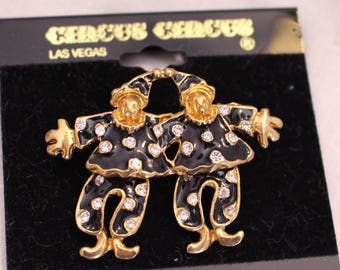 Vintage Clown Pin Black Enamel and Gold Tone with Crystals Articulated body Legs Move