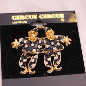 Vintage Clown Pin Black Enamel and Gold Tone with Crystals Articulated body Legs Move