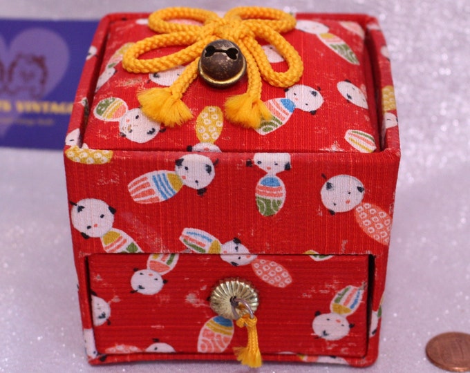Vintage Small Antique Japanese Jewelry Box, Kokeshi Doll Fabric Over