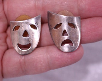 Vintage Mexico sterling 925 silver Happy Sad Earrings, stamped 925 Mexico TA-75