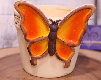 Cute Vintage Butterfly Planter, Handmade Orange and Glitter, Retro Planter, As Is