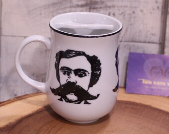 Vintage Ceramic Shaving Mug with Mustache Man, Black and White, Made in Japan