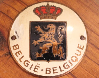 Vintage Belgie Belgique Metal and Enamel Emblem, Emblem on Wood, Crest, Crown