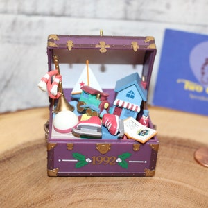 Vintage Toy Chest Ornament from Enesco, Dated 1992, Toy Train, Ice Skates, Book, Doll House