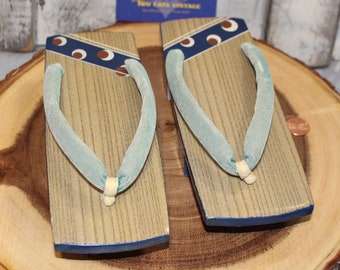 Vintage Japanese Wooden Shoes Kimono Geta Sandals  Blue, brown, Maroon, White, and Teal Velvet Straps, As Is