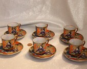 Vintage Set of Six Demitasse Japanese Tea Cups and Saucers Gold, Orange, and Multiple colors, Hand Painted