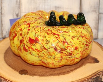 On Sale! Large Hand Blown Glass Pumpkin Orange and Yellow Glass with Green Stem
