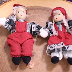 Vintage Pair of Dutchgirl & boy Dolls in Plaid tops and Red Overalls, Ceramic Faces, Ornamental, Home Decor, Pre-Owned