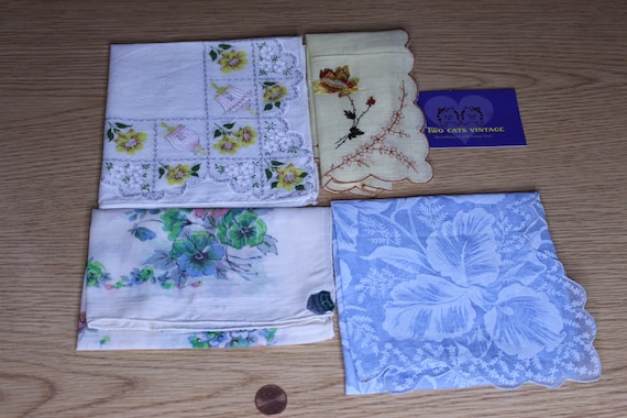 Beautiful Vintage Flowered Handkerchiefs, Four, B… - image 1