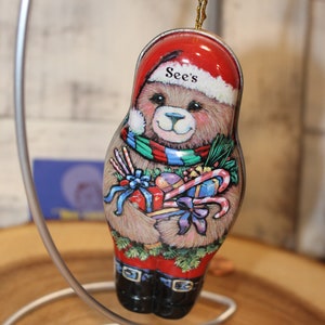 Vintage Collectible See's Candy Tin Teddy Bear Ornament, Tin Ornament, Chocolade Tin, Hangende Teddy Bear Ornament, 1997