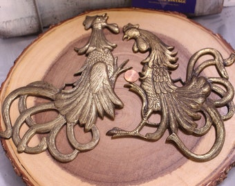 Pair of Vintage Brass Fighting Roosters, Wall Hangings, Made in Japan