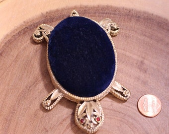 Vintage Turtle Pin Cusion, Gold and Blue with Red Jewel Eyes