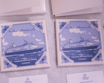 Vintage Set of 2 Holland-America Line Coasters, Original Box and Certificate