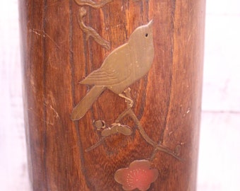 Vintage Japanese Ikebana Vase Wood and Brass Insert Carved bird with Cherry Blossom Design Japan, As Is