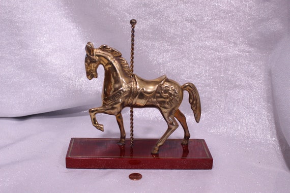 Vintage Brass Horse Statuette on Timber Base