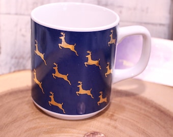 Vintage Metalic Blue Background with Gold Buck Deer Coffee Mug 1985 Curtis-Swann Enesco, As is