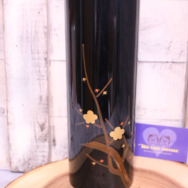 Jarrón Ikebana de laca japonesa vintage, jarrón negro cilíndrico, patrón de flor de cerezo, cesta de latón, tal cual