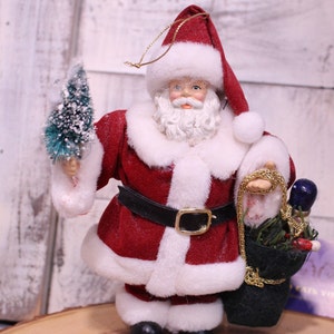 Vintage Santa Clause Ornament Velvet Santa Holding a tree and Goodie Bag