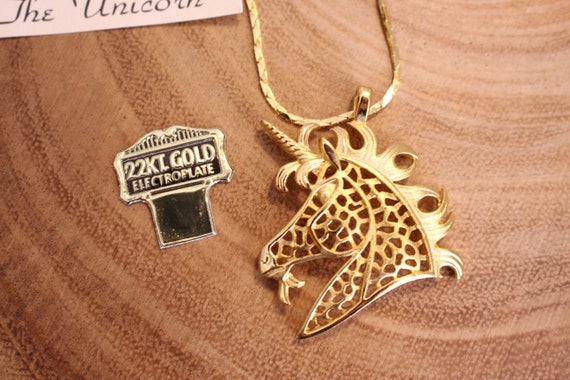 Vintage Unicorn Necklace, 24K Gold Electroplated - image 1