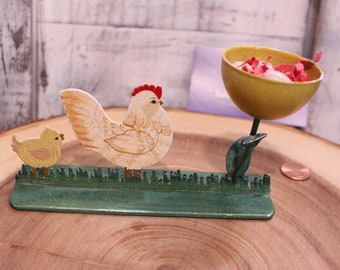 Vintage Chicken, Baby and Flower Cup of Eggs, Metal