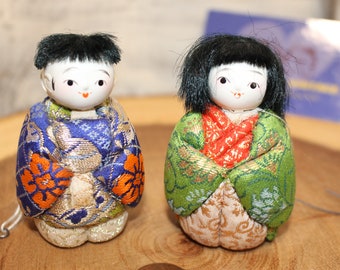 Beautiful Vintage Kimekomi Doll Ornaments, Boy and Girl, Japan Doll Hand Made Brocade