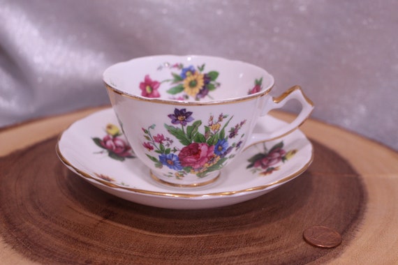 Vintage Crown Straffordshire Cup and Saucer, Fine Bone China, Made in England, Flowers