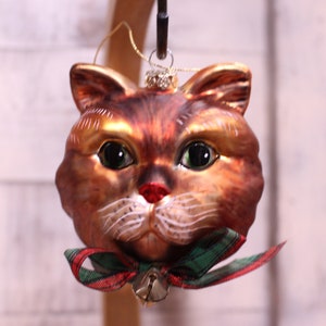 Vintage Sammlerstück Glas Katzenkopf Ornament, Orange und Gold handbemalt, Schleife mit Glöckchen