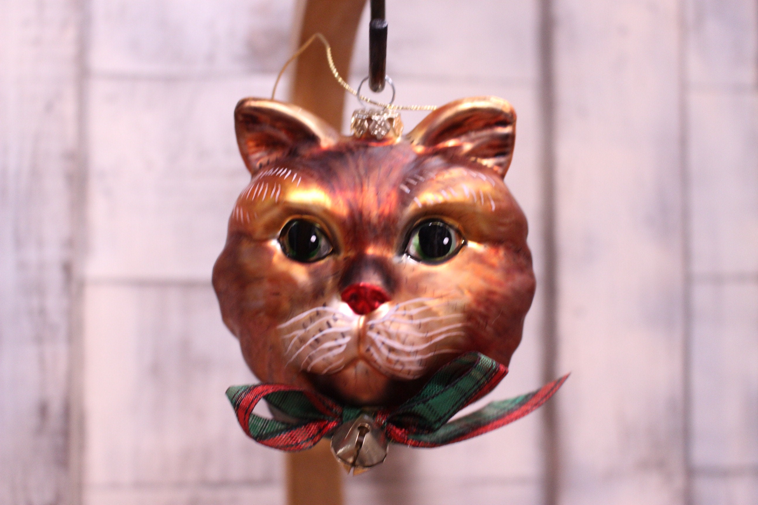 Vintage Collectible Glass Cat Head Ornament, Orange and Gold 